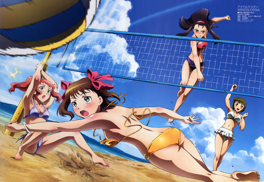 2000s_(style), 4girls, :o, absurdres, amami_haruka, amami_haruka_(idolmaster_xenoglossia), angry, arm_up, armpits, arms_up, ass, back, ball, barefoot, beach, beach_volleyball, bikini, bikini_skirt, black_hair, blue_eyes, blurry, blush, body_blush, bow, bracelet, breasts, brown_eyes, brown_hair, butt_crack, cleavage, clenched_hands, clenched_teeth, cloud, day, depth_of_field, diving, dutch_angle, electricity, feet, flat_chest, floating_hair, green_eyes, hagiwara_yukiho, hagiwara_yukiho_(idolmaster_xenoglossia), hair_bow, hairband, halterneck, highres, idolmaster, idolmaster_xenoglossia, imura_manabu, jewelry, jumping, leg_lift, legs, long_hair, looking_at_viewer, magazine_scan, medium_breasts, megami_magazine, minase_iori, minase_iori_(idolmaster_xenoglossia), motion_blur, multiple_girls, navel, o-ring, o-ring_bikini, o-ring_bottom, o-ring_top, ocean, official_art, open_mouth, outdoors, outstretched_arm, pink_bow, pleated_skirt, punching, raised_fist, red_eyes, red_hair, ribbon, sand, scan, shadow, short_hair, side-tie_bikini_bottom, sideboob, sidelocks, sitting, skirt, sky, soles, sports_bikini, spread_legs, standing, surprised, swimsuit, takatsuki_yayoi, takatsuki_yayoi_(idolmaster_xenoglossia), teeth, thigh_gap, tiptoes, twintails, untied, volleyball, volleyball_(object), volleyball_net, wardrobe_malfunction, water, wavy_hair