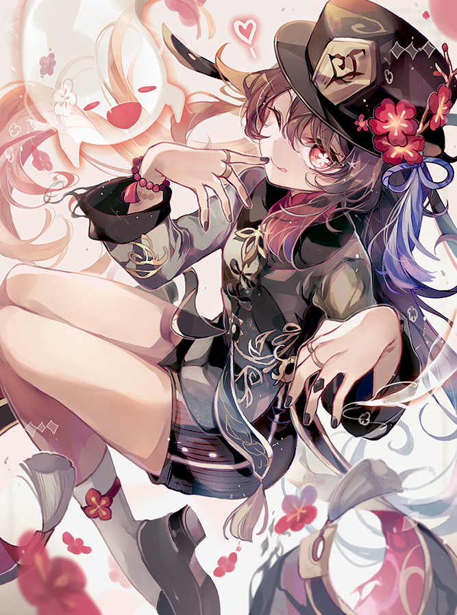 1girl, ;q, black_hat, black_nails, brown_hair, brown_shoes, coco7, fingernails