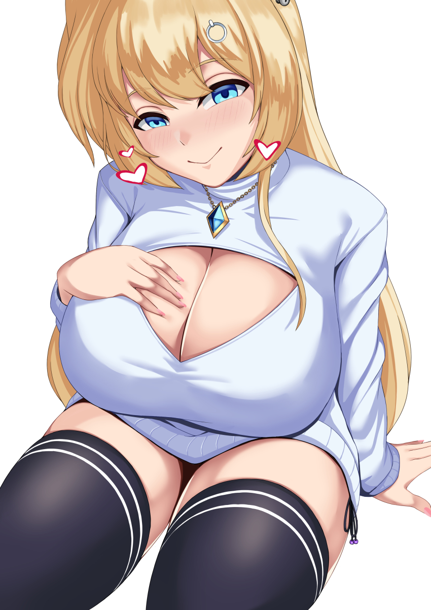 1girl, absurdres, blonde_hair, blue_eyes, blush, breast_suppress, breasts, cleavage, cleavage_cutout, clothing_cutout, grey_sweater, heart, highres, hime_hajime, hime_hajime_(1st_costume), large_breasts, long_hair, looking_at_viewer, open-chest_sweater, side_ponytail, sitting, smile, solo, sweater, thighhighs, virtual_youtuber, vshojo, warden_(jadol_9), white_background
