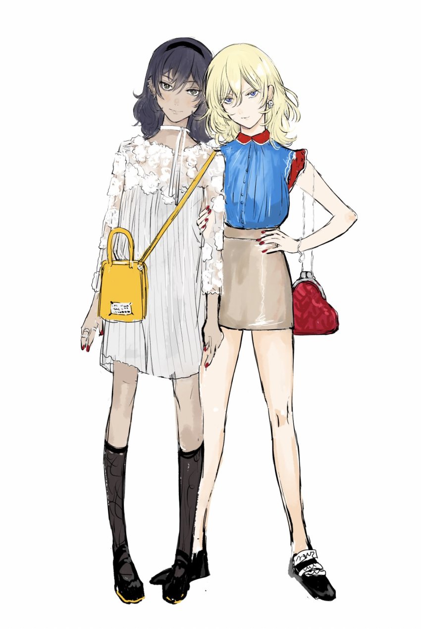 2girls, alternate_costume, andou_(girls_und_panzer), bag, banira_(oocooocooocoo), black_eyes, black_footwear, black_hair