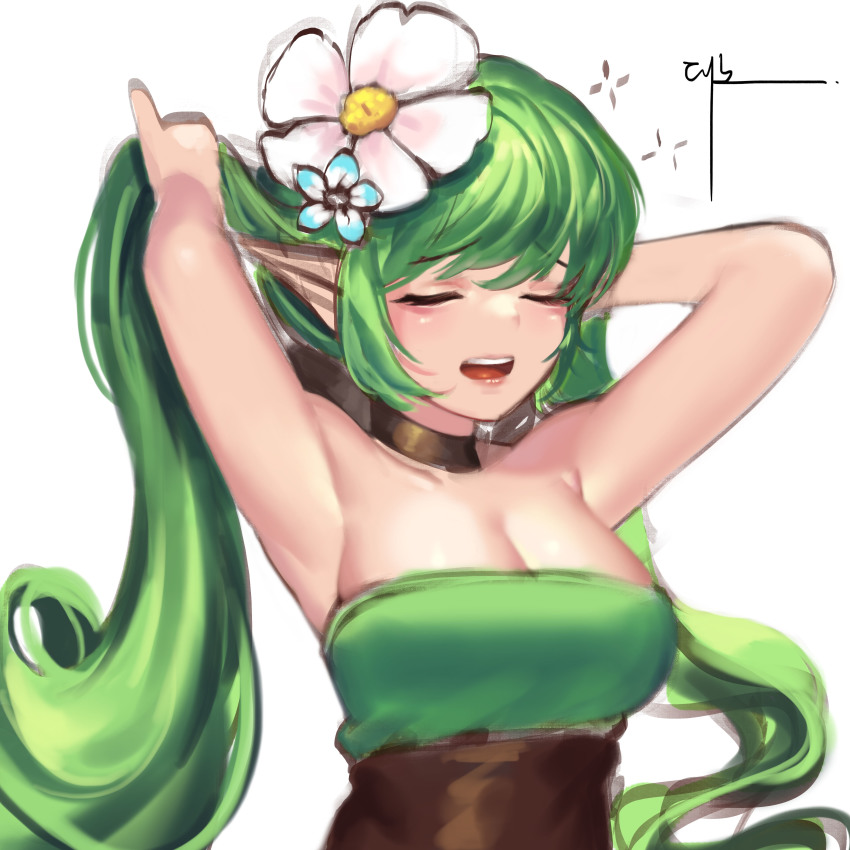 1girl, absurdres, arms_up, breasts, cleavage, closed_eyes, daeno, flower, green_hair, grin, guardian_tales, hair_flower, hair_ornament, highres, holding, holding_own_hair, leaf_fairy_aoba, long_hair, medium_breasts, pointy_ears, smile, white_background