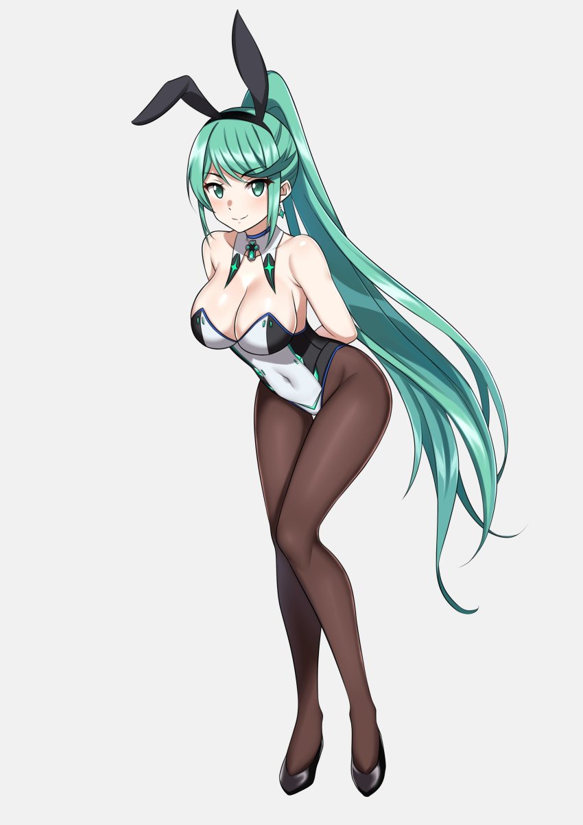 1girl, absurdres, animal_ears, bare_shoulders, black_footwear, breasts, chest_jewel, cleavage, covered_navel, detached_collar, fake_animal_ears, full_body, green_eyes, green_hair, grey_background, highres, large_breasts, leaning_forward, leotard, long_hair, long_legs, looking_at_viewer, nottme, pantyhose, playboy_bunny, pneuma_(xenoblade), ponytail, rabbit_ears, seishun_buta_yarou, simple_background, smile, solo, standing, strapless, strapless_leotard, swept_bangs, very_long_hair, xenoblade_chronicles_(series), xenoblade_chronicles_2