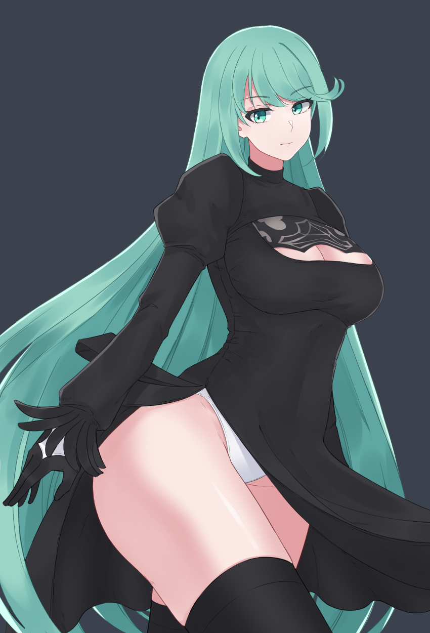 1girl, absurdres, black_dress, black_thighhighs, breasts, cleavage, cleavage_cutout, clothing_cutout