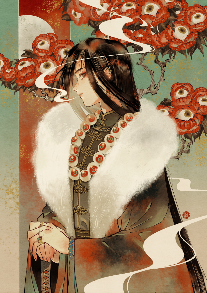 black_hair, body_horror, brown_eyes, flower, from_side, fur_scarf, fur_shawl, jewelry