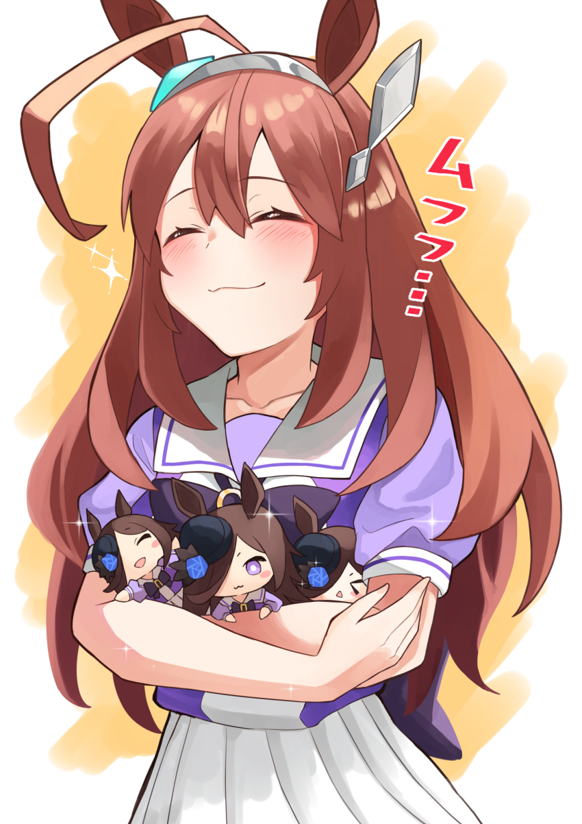 ahoge, animal_ears, blouse, blush, brown_hair, closed_eyes, closed_mouth, commentary_request