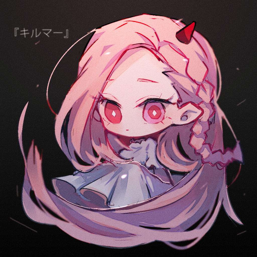 1girl, braid, chibi, dress, gaito-san, heterochromia, horns, kalmia_(shama)
