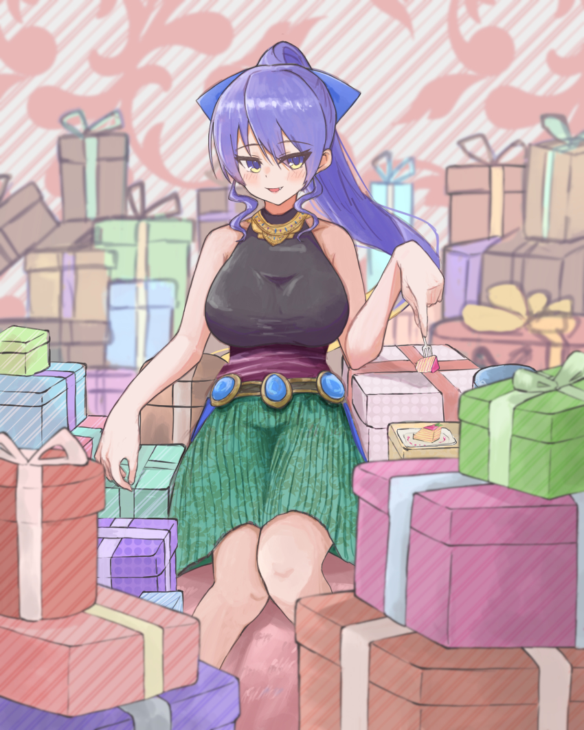 1girl, absurdres, black_shirt, blonde_hair, blue_bow, blush, bow, breasts