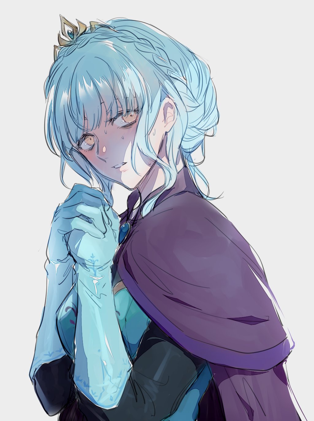 1girl, blue_hair, blush, braid, breasts, brown_eyes, cosplay, dress