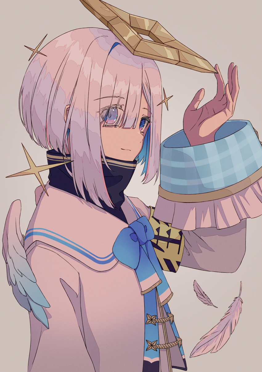 1girl, absurdres, adjusting_halo, aiguillette, amane_kanata, amane_kanata_(1st_costume), angel, angel_wings