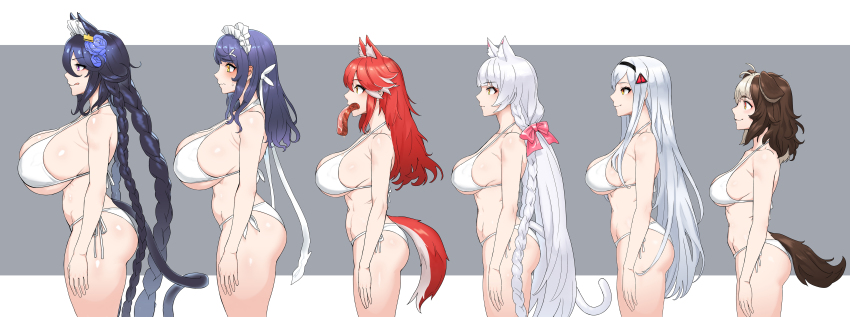 6+girls, :q, absurdres, animal_ear_fluff, animal_ears, ass, bikini, black_hair, black_lilith_(last_origin), blue_hair, blunt_bangs, braid, breasts, brown_hair, bust_chart, cain_(gunnermul), cat_ears, cat_girl, cat_tail, cowboy_shot, dog_ears, dog_girl, dog_tail, expressionless, extra_ears, fenrir_(last_origin), food, food_in_mouth, hachiko_of_castling, hair_ornament, hair_ribbon, hairband, halterneck, highres, huge_breasts, large_breasts, last_origin, lineup, long_hair, maid_headdress, meat, medium_breasts, medium_hair, mouth_hold, multicolored_hair, multiple_girls, navel, perrault_(last_origin), poi_(last_origin), profile, red_hair, ribbon, side-tie_bikini_bottom, smile, snow_feather_(last_origin), swimsuit, tail, tongue, tongue_out, tri_braids, two-tone_hair, very_long_hair, white_bikini, white_hair, wolf_ears, wolf_girl, yellow_eyes