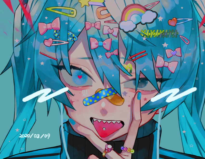 1girl, 2020, :p, aqua_background, aqua_eyes, bags_under_eyes, bandaid, bandaid_on_face
