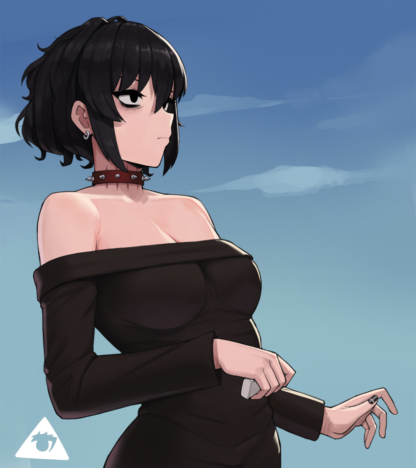 1girl, alternate_breast_size, artist_logo, bags_under_eyes, black_dress, black_hair, black_lagoon, black_nails