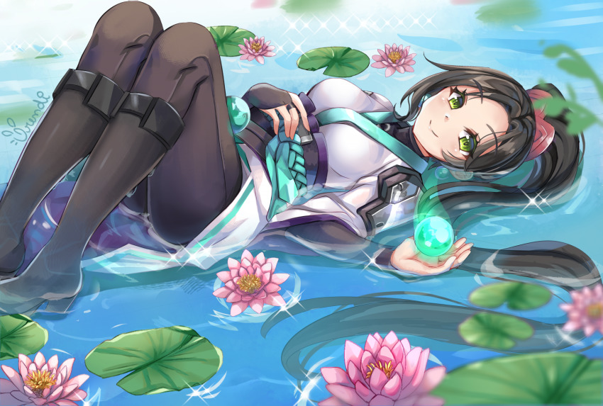 1girl, animification, black_pants, chinese_clothes, commission, flower, green_eyes, hand_on_own_stomach