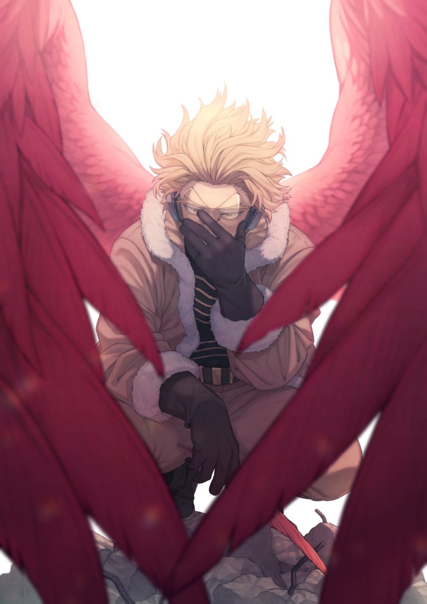 1boy, adjusting_eyewear, adjusting_goggles, backlighting, belt, black_shirt, blonde_hair, boku_no_hero_academia, boots, brown_boots, brown_gloves, brown_jacket, brown_pants, commentary_request, covered_mouth, facial_mark, feathered_wings, feathers, full_body, fur-trimmed_gloves, fur-trimmed_jacket, fur_trim, gloves, goggles, hawks_(boku_no_hero_academia), headphones, highres, holding, holding_feather, jacket, oversized_wings, male_focus, pants, red_feathers, red_wings, refraction, rubble, shirt, short_hair, solo, squatting, tinted_eyewear, tsuu_(tu-3), wings, yellow-tinted_eyewear, yellow_eyes