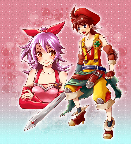 1boy, 1girl, adelle_(fft), bare_shoulders, belt, blue_eyes, blush, bow, brown_hair, clover, detached_sleeves, final_fantasy, final_fantasy_tactics_a2, final_fantasy_tactics_advance, fingerless_gloves, four-leaf_clover, gloves, hair_bow, hat, hitsuji_nana, long_hair, luso_clemens, ponytail, purple_hair, smile, sword, tank_top, weapon, yellow_eyes, youshichi