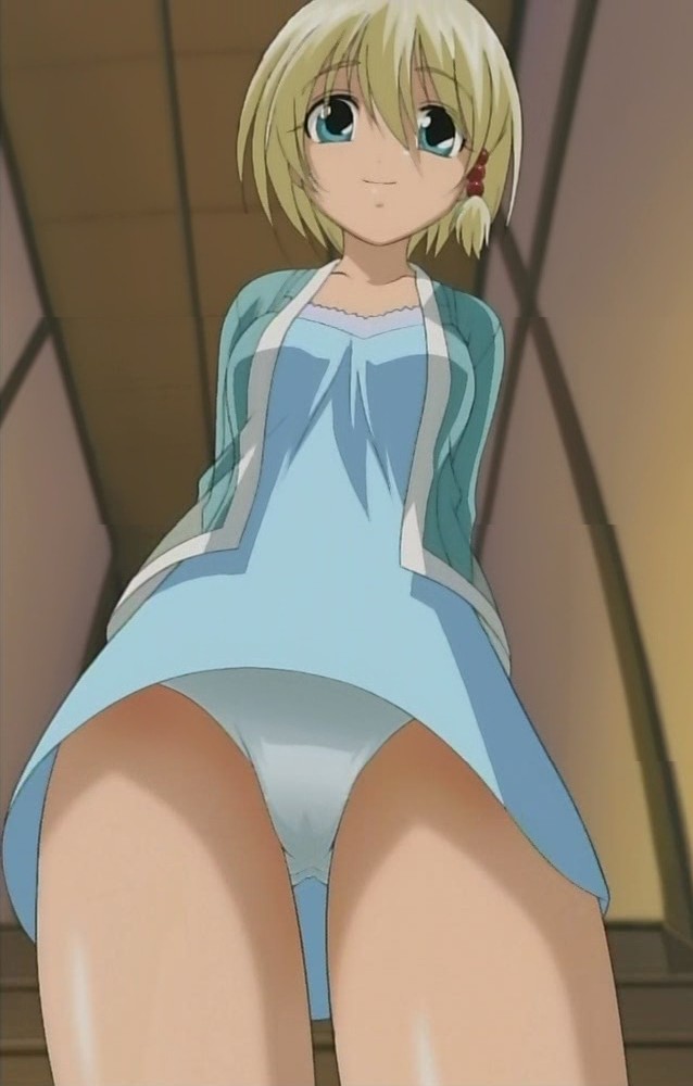 1girl, amaenaideyo!!, amaenaideyo!!_katsu!!, anime_screenshot, blonde_hair, blue_eyes, breasts, from_below, kazusano_kazuki, legs, pajamas, panties, stitched, third-party_edit, underwear, white_panties