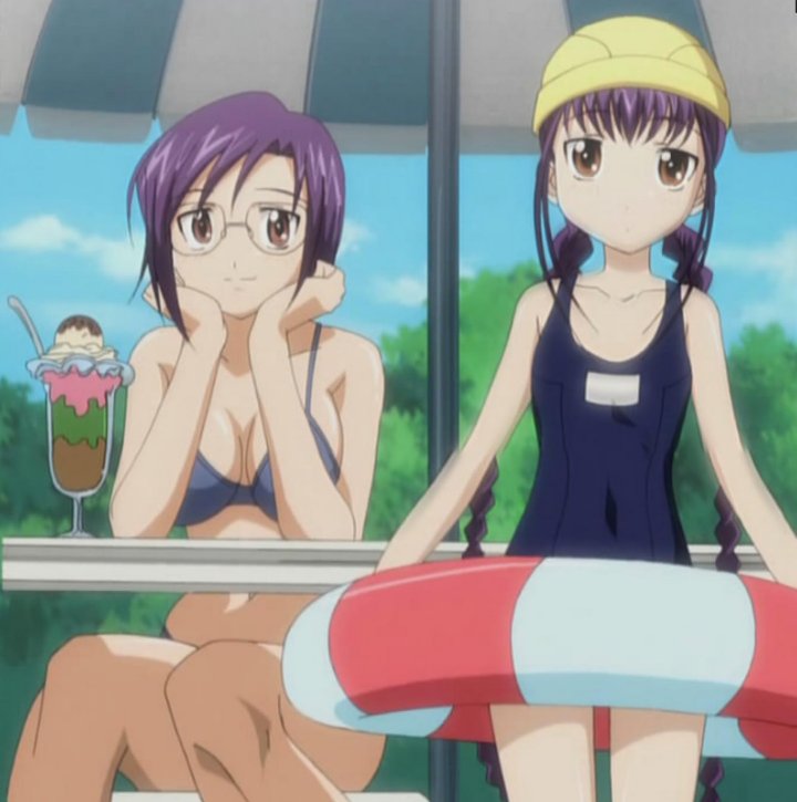 2girls, amaenaideyo!!, amaenaideyo!!_katsu!!, anime_screenshot, bikini, brown_eyes, food, glasses