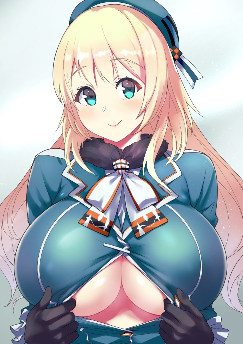 1girl, ascot, atago_(kancolle), beret, black_gloves, blonde_hair, blue_hat, breasts, commentary_request, gloves, green_eyes, hat, highres, huge_breasts, kantai_collection, large_breasts, long_hair, looking_at_viewer, military, military_uniform, no_bra, open_clothes, rampage_2nd, simple_background, solo, upper_body, white_ascot