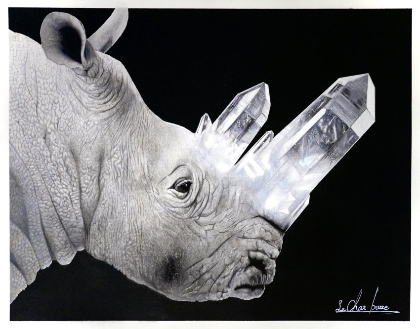 abe_yuichiro, animal_focus, black_background, colored_pencil_(medium), crystal, highres, no_humans, original, profile, rhinoceros, simple_background, traditional_media
