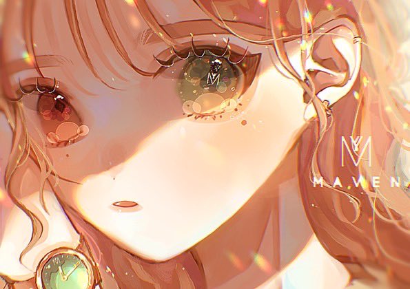 1girl, blush, brown_hair, earrings, green_eyes, hand_up, heterochromia, jewelry