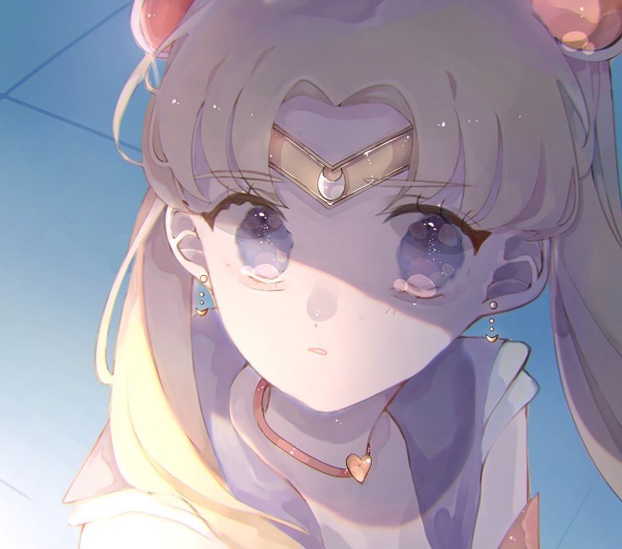 1girl, bishoujo_senshi_sailor_moon, bishoujo_senshi_sailor_moon_s, blonde_hair, blue_eyes, choker, crescent, crescent_earrings, derivative_work, earrings, hair_over_shoulder, heart, heart_choker, jewelry, kom_illust, long_hair, looking_at_viewer, meme, parted_lips, portrait, red_choker, sailor_moon, sailor_moon_redraw_challenge_(meme), sailor_senshi_uniform, screenshot_redraw, shadow, solo, tears, tsukino_usagi, twintails