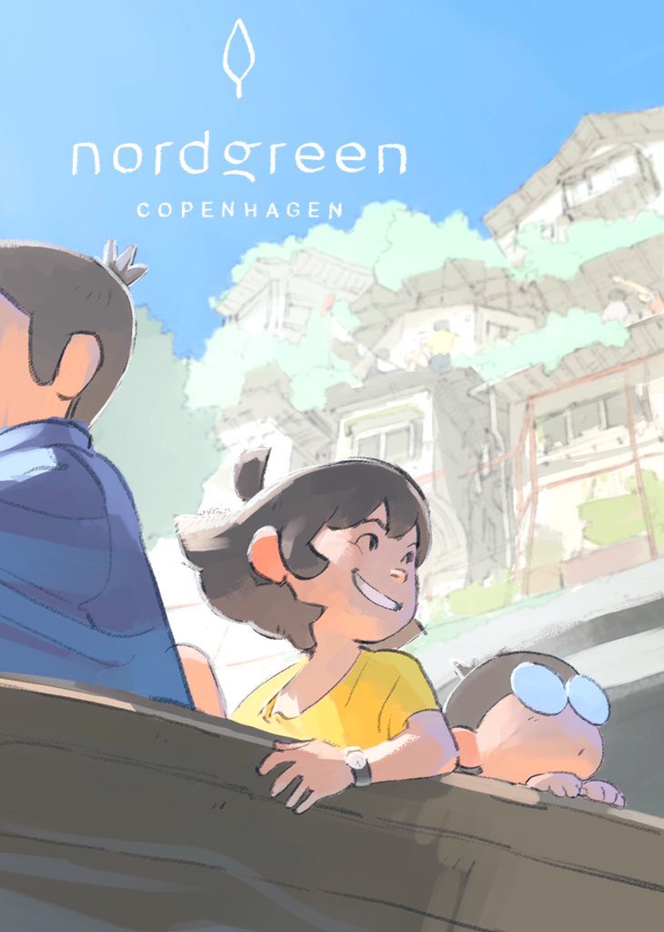 1girl, 2boys, asobizukuri, black_hair, blue_shirt, blue_sky, building, copyright_name