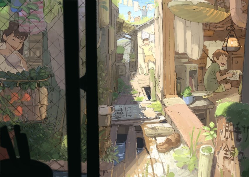 1girl, 4boys, asobizukuri, blue_shirt, blue_sky, green_shirt, lamp, leaf