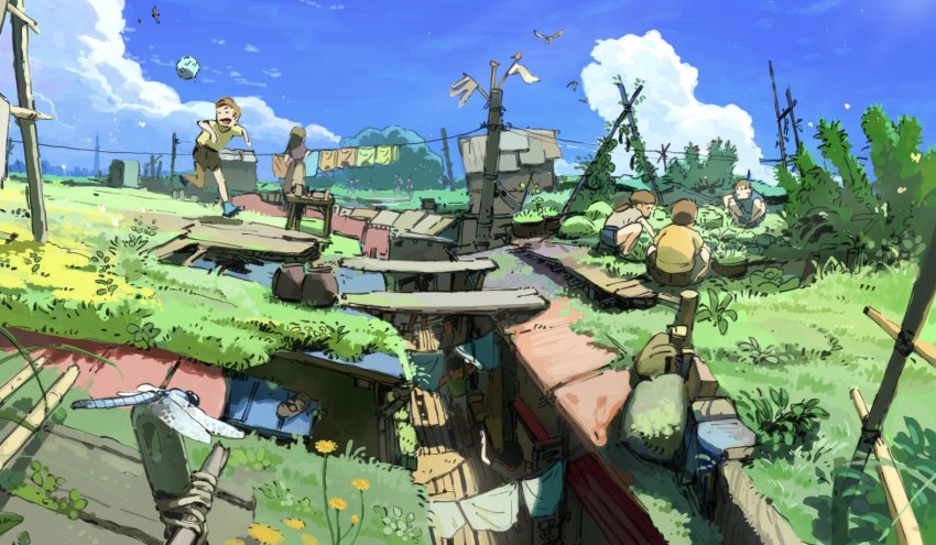 2girls, 3boys, aqua_shoes, asobizukuri, bird, blue_shirt, blue_shorts, blue_sky, bug, cloud, cloudy_sky, day, dragonfly, grey_shirt, insect, multiple_boys, multiple_girls, open_mouth, original, outdoors, plant, pot, shadow, shirt, shoes, shorts, sky, tree, wide_shot, yellow_shirt