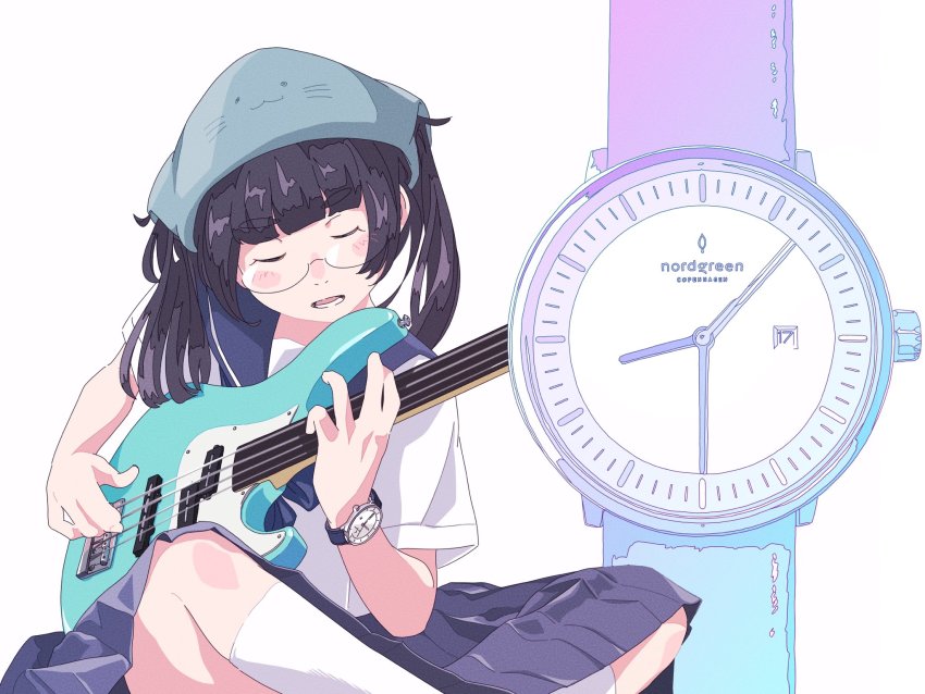 1girl, bass_guitar, black_hair, black_skirt, blunt_bangs, closed_eyes, feet_out_of_frame, fretless_bass_guitar