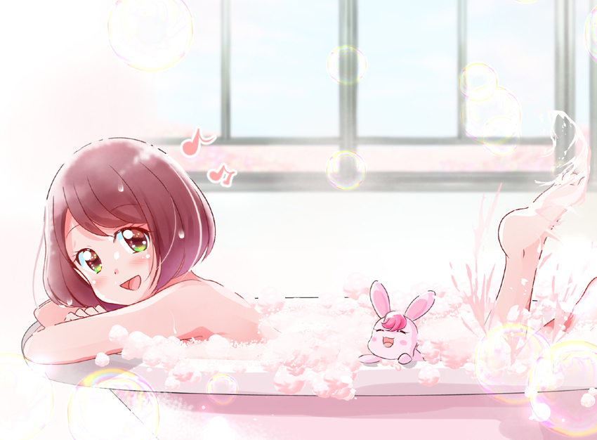1girl, :d, barefoot, bathing, bathtub, brown_hair, bubble, cropped_arms
