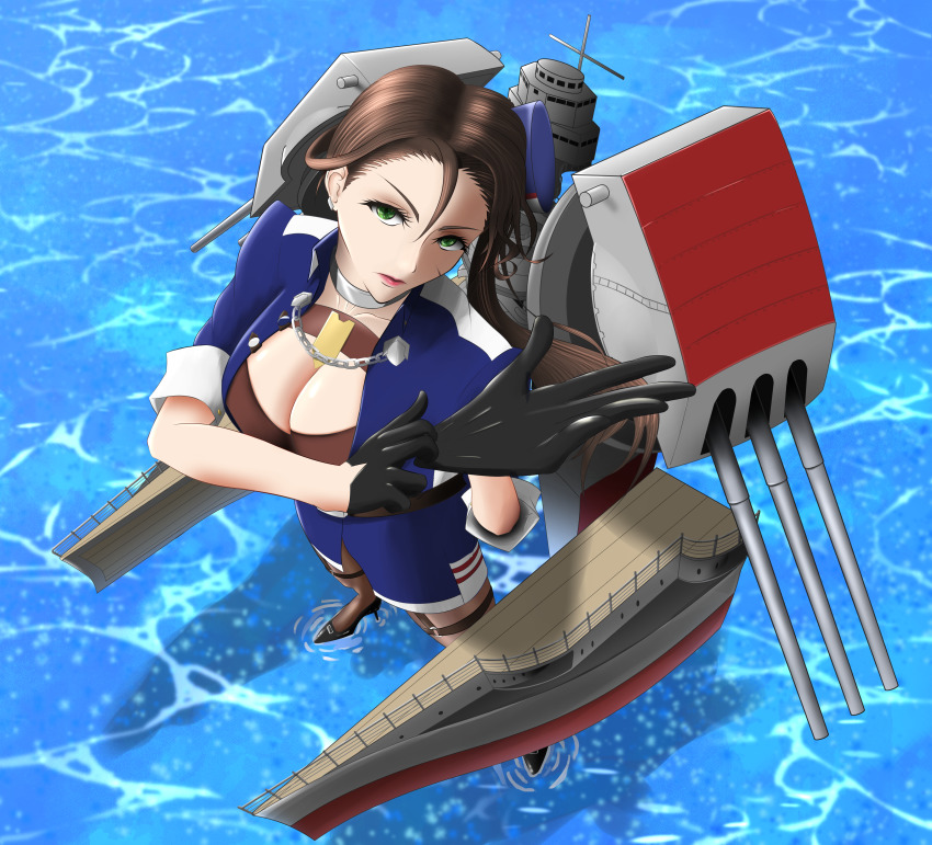 1girl, absurdres, azur_lane, bad_id, bad_pixiv_id, black_bra, black_gloves, black_hair, black_pantyhose, bra, breasts, cleavage, commentary_request, from_above, fuyuno_arashi, gloves, green_eyes, hair_between_eyes, highres, huge_filesize, large_breasts, looking_at_viewer, pantyhose, pennsylvania_(azur_lane), scar, scar_on_face, shadow, short_sleeves, standing, standing_on_liquid, underwear