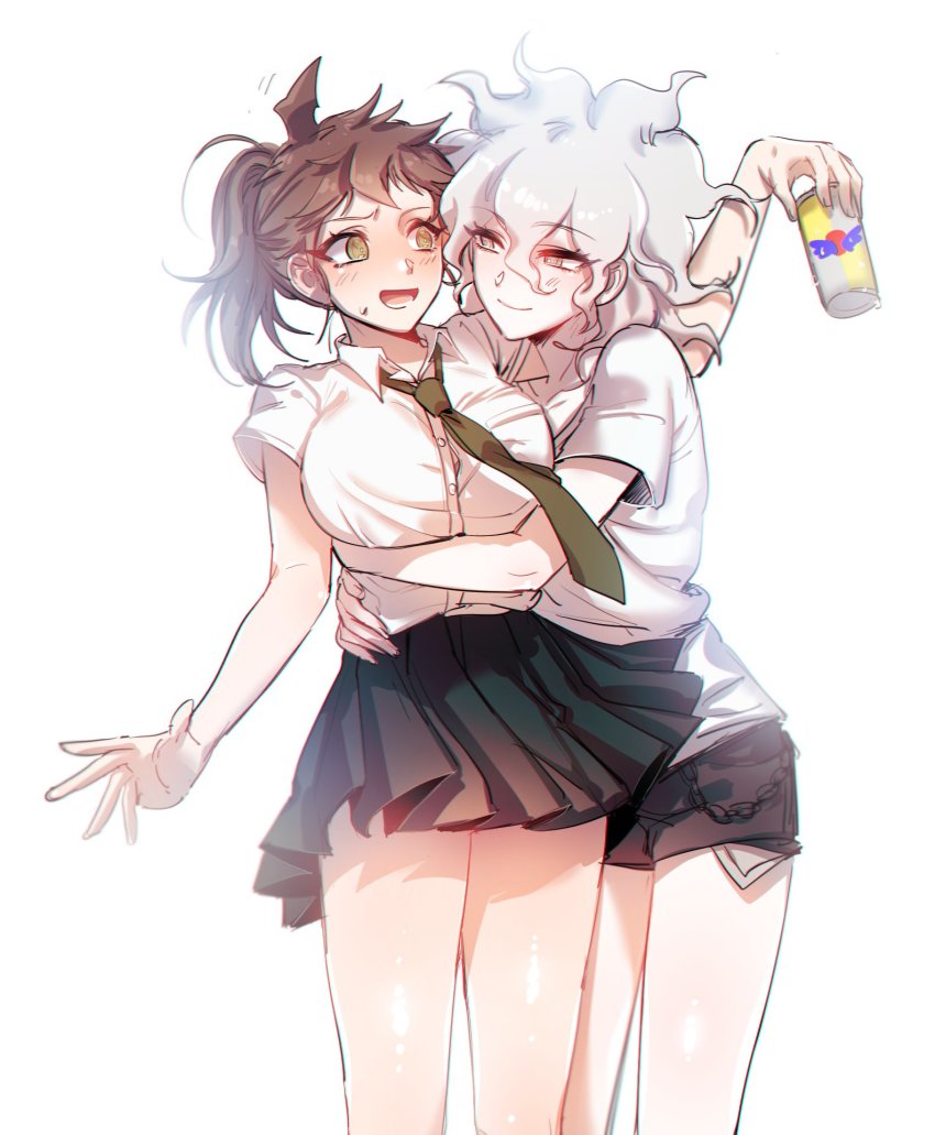 2girls, ahoge, blush, bottle, breasts, brown_eyes, brown_hair, collared_shirt, commentary_request, danganronpa_(series), danganronpa_2:_goodbye_despair, genderswap, genderswap_(mtf), gwanlamcha, highres, hinata_hajime, holding, hug, komaeda_nagito, large_breasts, medium_hair, multiple_girls, necktie, open_mouth, pleated_skirt, ponytail, school_uniform, shirt, shirt_tucked_in, simple_background, skirt, smile, white_background, white_hair, yuri