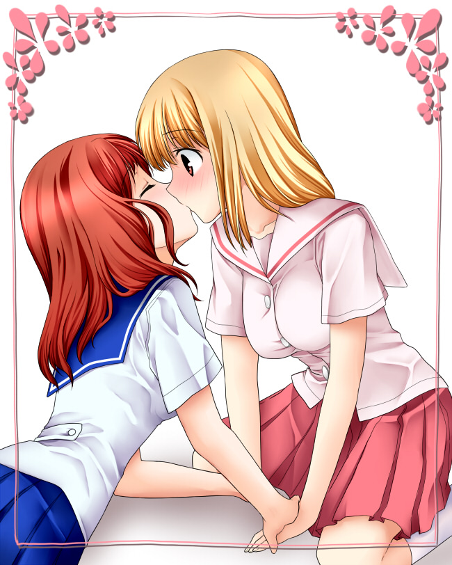 00s, 2girls, 467_(artist), bad_id, bad_pixiv_id, blonde_hair, blue_skirt, blush