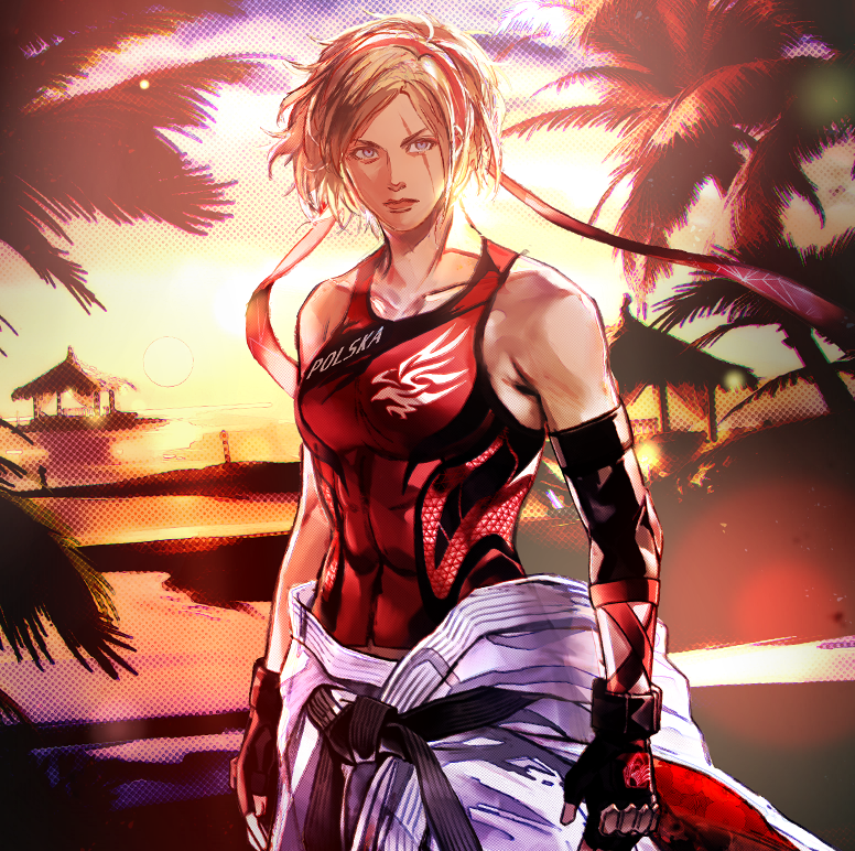1girl, beach, blonde_hair, blue_eyes, dougi, fingerless_gloves, gloves, ishikawa_tamami, karate_gi, lidia_sobieska, namco, ocean, palm_tree, sunset, tamami_ishikawa, tekken, tekken_7, toned, toned_female, tree