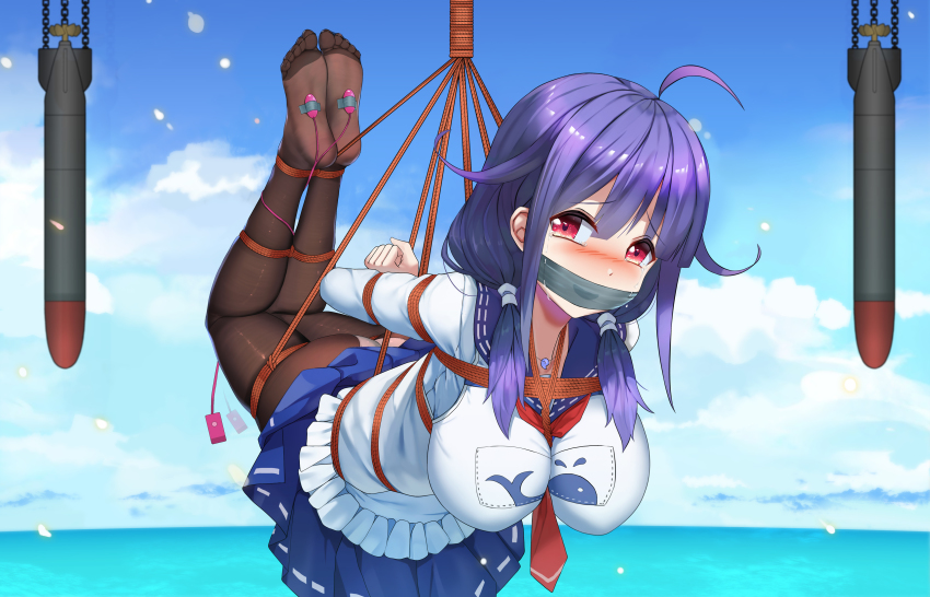 1girl, absurdres, ahoge, animal_print, arms_behind_back, bdsm, black_pantyhose, blue_skirt