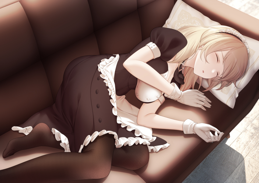 1girl, black_dress, black_pantyhose, blonde_hair, breasts, cartonbox_(zhixiang_zhi), closed_eyes, couch