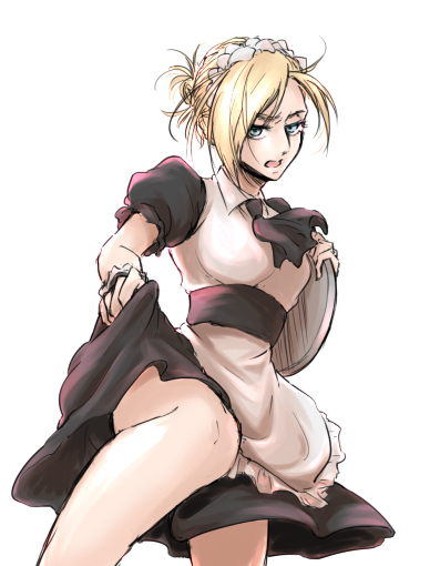 1girl, annie_leonhart, blonde_hair, blue_eyes, kicking, maid, shingeki_no_kyojin, simple_background, solo, soraao0322, white_background