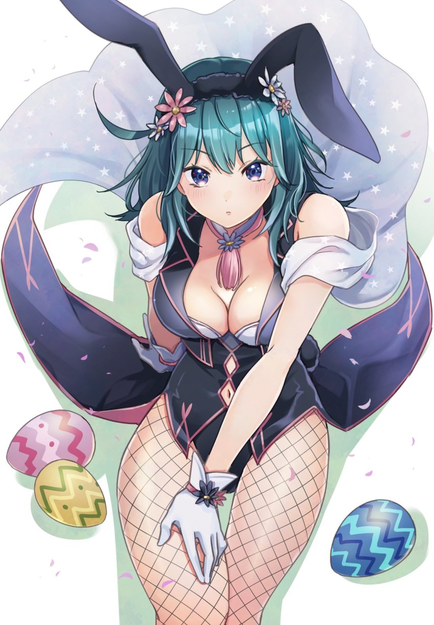 1girl, alternate_costume, animal_ears, aqua_hair, bare_arms, blue_eyes, blue_shirt, breasts, clothing_cutout, coattails, commentary_request, easter_egg, egg, fake_animal_ears, feet_out_of_frame, female_byleth_(fire_emblem), fire_emblem, fire_emblem:_three_houses, fishnet_pantyhose, fishnets, flower, from_above, gloves, hair_flower, hair_ornament, hand_on_own_thigh, highres, ichino_tomizuki, invisible_chair, large_breasts, leotard, leotard_under_clothes, long_hair, looking_at_viewer, mixed-language_commentary, navel, navel_cutout, nintendo, open_clothes, open_shirt, pantyhose, petals, playboy_bunny, scarf, shadow, shiny_skin, shirt, sidelocks, sitting, sleeveless, sleeveless_shirt, solo, tailcoat, thighs, white_gloves