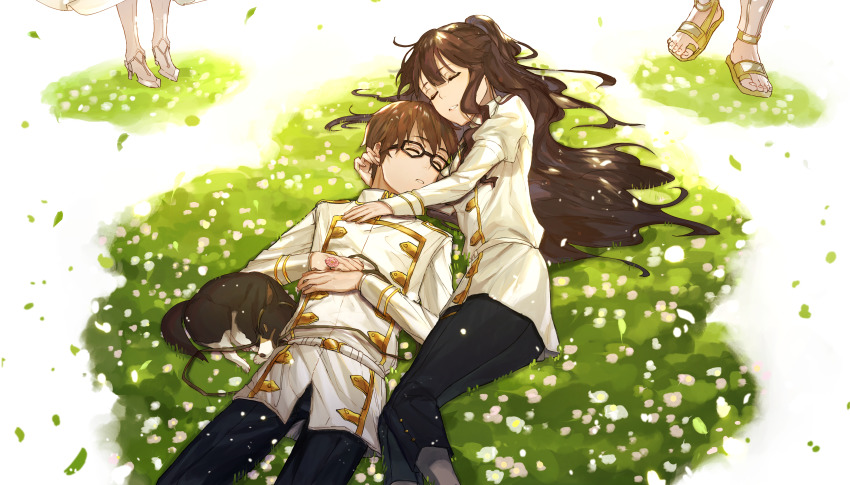 2boys, 2girls, absurdres, brother_and_sister, brown_hair, caules_forvedge_yggdmillennia, chiron_(fate), closed_eyes