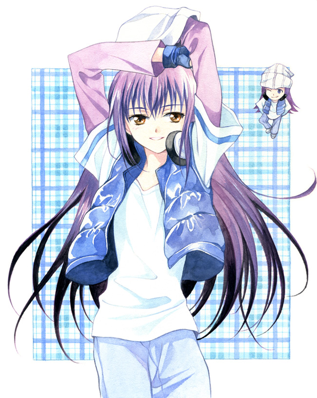 2boys, agahari, androgynous, bad_id, bad_pixiv_id, beanie, beat_jumper, fingerless_gloves, fujisaki_nagihiko, gloves, hat, headphones, long_hair, male_focus, multiple_boys, painting_(medium), purple_hair, rhythm_(shugo_chara!), shugo_chara!, traditional_media, yellow_eyes