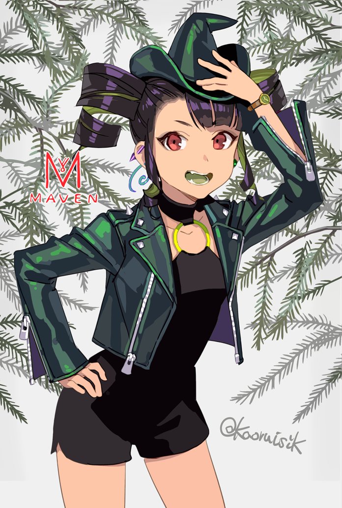 1girl, black_hair, black_shorts, colored_inner_hair, cowboy_shot, drill_hair, ear_piercing, green_hair