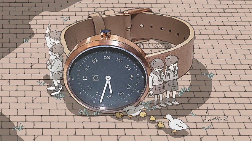 4boys, arm_up, bird, brick_floor, child, clock, dated, duck