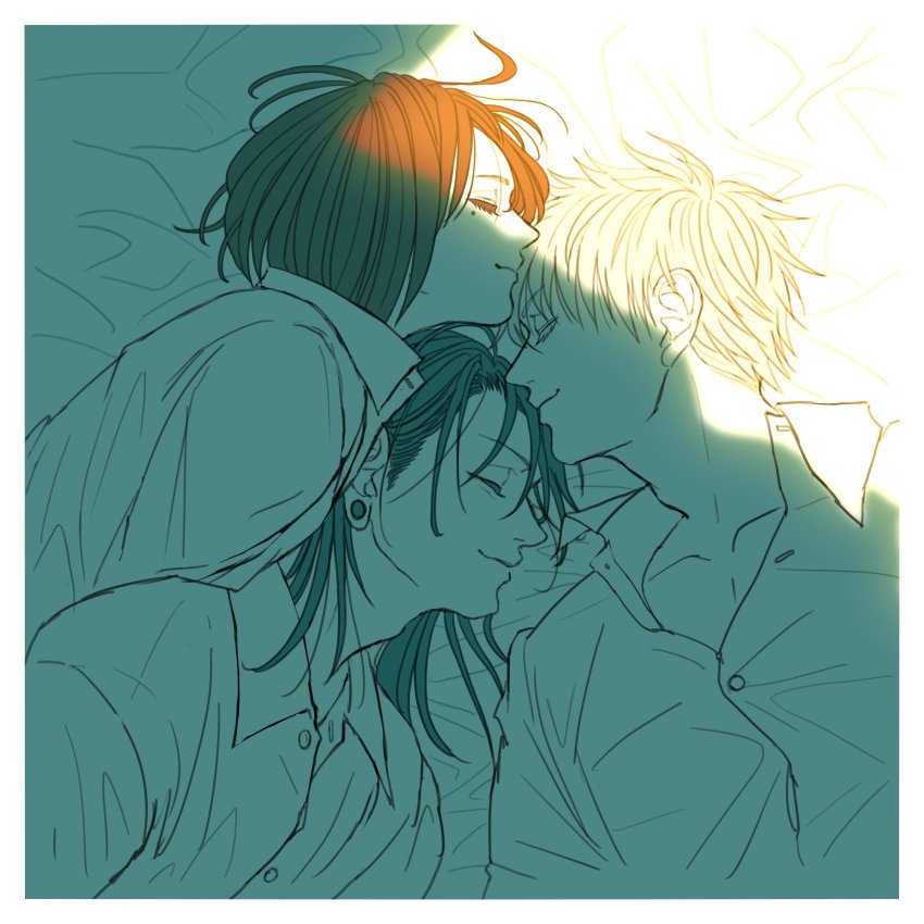 1girl, 2boys, adam's_apple, bed, bisexual_male, black_hair, bob_cut, border