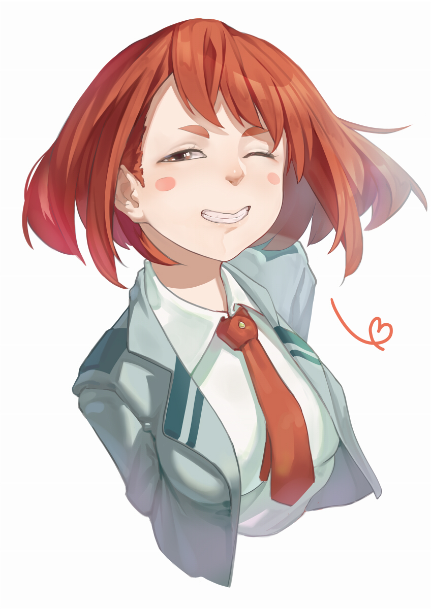 1girl, blush_stickers, bob_cut, boku_no_hero_academia, brown_eyes, brown_hair, grin, hair_behind_ear