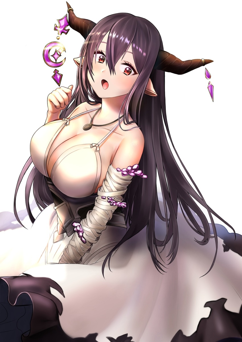 1girl, bandaged_arm, bandages, black_hair, blush, breasts, cleavage, danua, draph, dress, gloves, granblue_fantasy, hair_between_eyes, hal_(stsff), highres, horn_ornament, horns, jewelry, large_breasts, long_hair, necklace, open_mouth, pointy_ears, purple_hair, red_eyes, solo