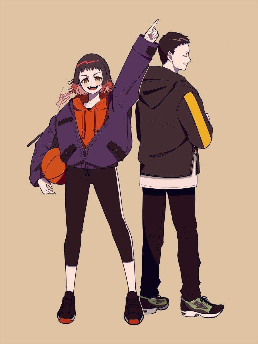 1boy, 1girl, alternate_costume, arm_up, ball, basketball, basketball_(object), black_footwear