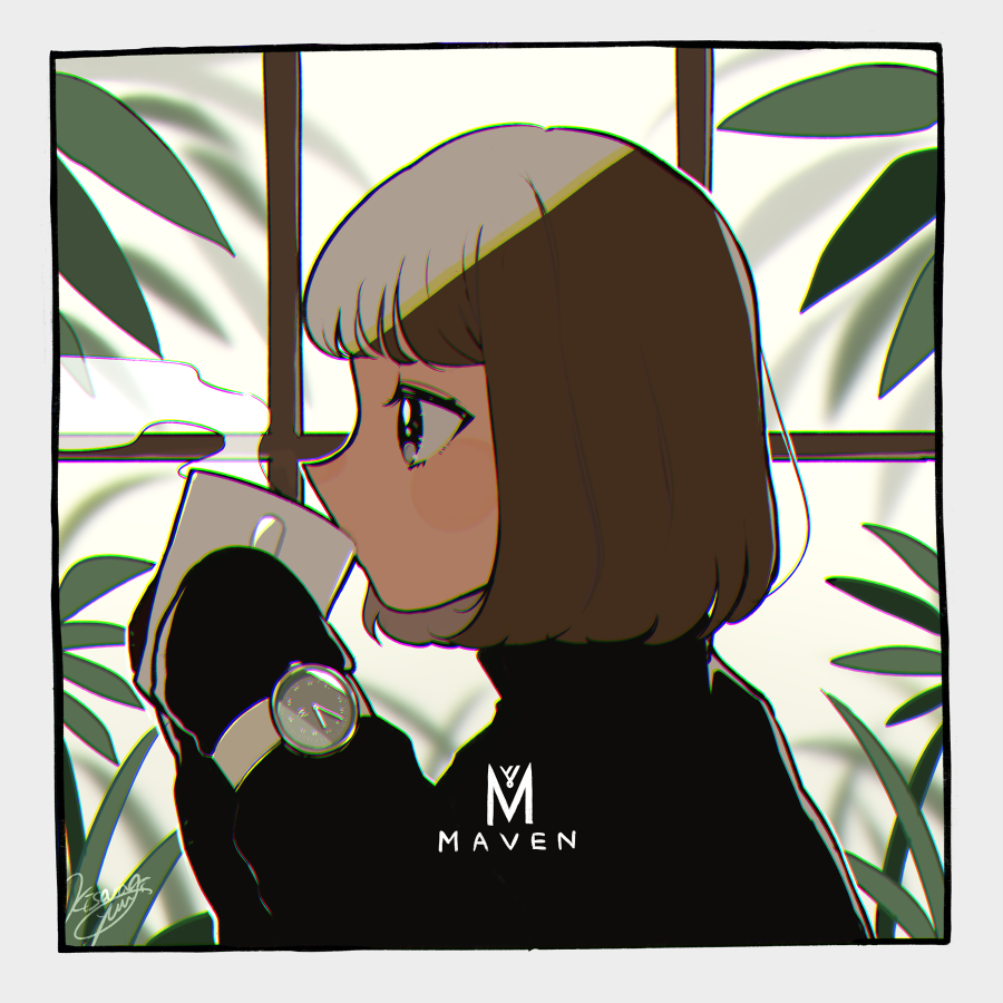 1girl, bad_id, bad_twitter_id, blush, bob_cut, brown_hair, chromatic_aberration, cup