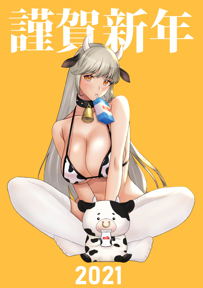 1girl, 2021, absurdres, animal_ears, animal_print, bell, bikini, blush, breasts, chinese_zodiac, cleavage, collarbone, cow_ears, cow_horns, cow_print, drink_carton, hal_(stsff), highres, horns, indian_style, large_breasts, long_hair, looking_at_viewer, milk_carton, new_year, original, sitting, solo, swimsuit, translation_request, year_of_the_ox