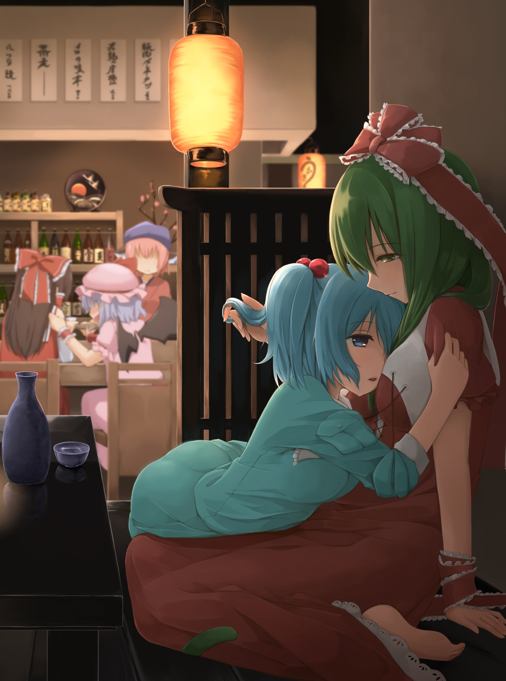 5girls, alcohol, animal_ears, aqua_shirt, aqua_skirt, arm_support, bar_(place), bare_shoulders, bat_wings, bird_ears, blue_eyes, blue_hair, blue_headscarf, blue_headwear, blush, bottle, bow, breasts, brown_dress, brown_hair, chair, closed_mouth, commentary_request, cup, detached_sleeves, dress, drunk, facing_away, frilled_bow, frilled_hair_tubes, frilled_ribbon, frills, front_ponytail, green_eyes, green_hair, hair_between_eyes, hair_bobbles, hair_bow, hair_ornament, hair_ribbon, hair_scarf, hair_tubes, hakurei_reimu, hand_in_own_hair, hands_up, hat, hat_ribbon, headscarf, hidarikata, highres, indoors, kagiyama_hina, kawashiro_nitori, lantern, light_smile, long_hair, long_sleeves, looking_at_another, medium_breasts, mob_cap, multiple_girls, mystia_lorelei, missing_headwear, nose_blush, okamisty, on_floor, paper_lantern, parted_lips, pink_dress, pink_hair, pink_headwear, pocket, profile, red_bow, red_ribbon, red_skirt, red_vest, remilia_scarlet, ribbon, sakazuki, sake_bottle, shelf, shirt, short_hair, sitting, skirt, skirt_set, table, three-quarter_sleeves, touhou, two_side_up, vest, wariza, wings, wooden_floor, wrist_cuffs, yuri