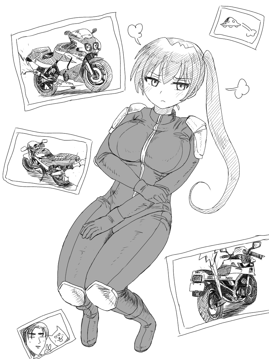 1boy, 1girl, biker_clothes, bikesuit, blush, bodysuit, breasts, drawing_(object)
